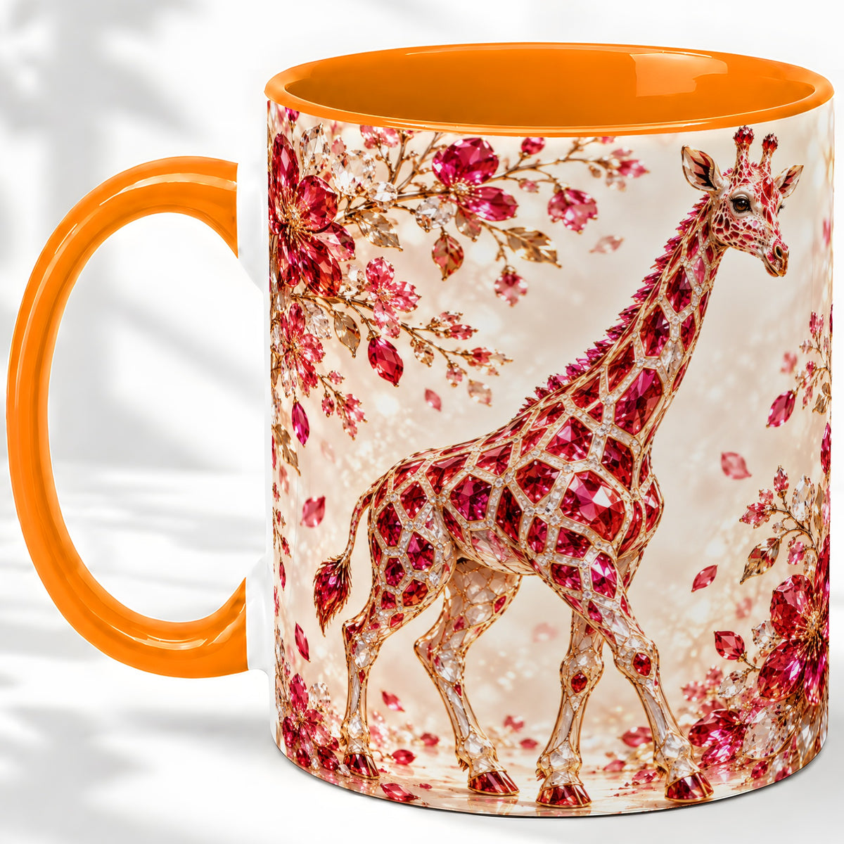 #pl[11oz|Orange] Red Giraffe Floral Ceramic Mug, Faceted Artwork for Giraffe Fans