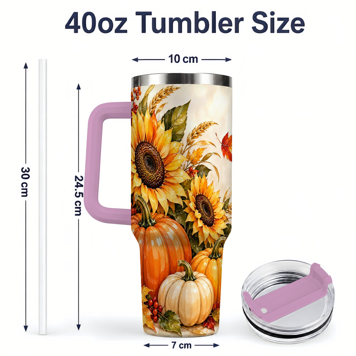 #pl[40oz|Pink] Autumn Sunflower Tumbler, 40oz Tumbler with Pumpkin Fall Artwork