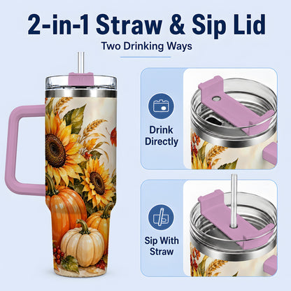 #pl[40oz|Pink] Autumn Sunflower Tumbler, 40oz Tumbler with Pumpkin Fall Artwork