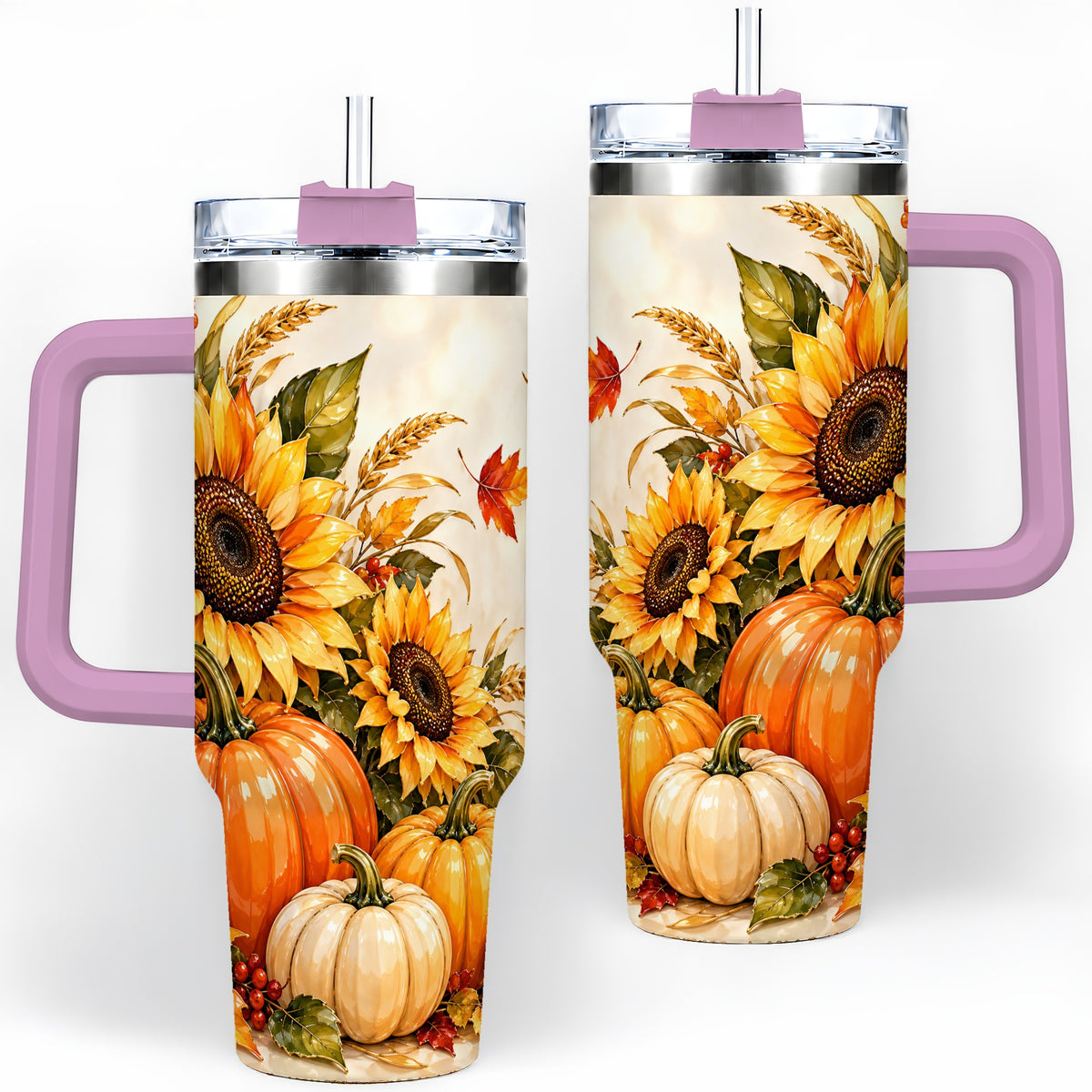 #pl[40oz|Pink] Autumn Sunflower Tumbler, 40oz Tumbler with Pumpkin Fall Artwork
