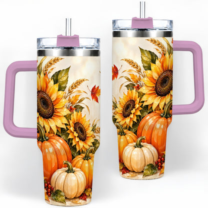 #pl[40oz|Pink] Autumn Sunflower Tumbler, 40oz Tumbler with Pumpkin Fall Artwork