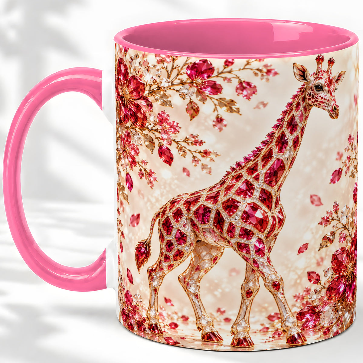 #pl[11oz|Pink] Red Giraffe Floral Ceramic Mug, Faceted Artwork for Giraffe Fans