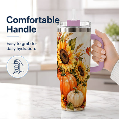 #pl[40oz|Pink] Autumn Sunflower Tumbler, 40oz Tumbler with Pumpkin Fall Artwork