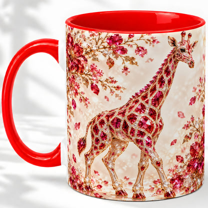 Red Giraffe Floral Ceramic Mug, Faceted Artwork for Giraffe Fans