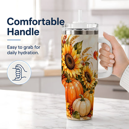 #pl[40oz|White] Autumn Sunflower Tumbler, 40oz Tumbler with Pumpkin Fall Artwork
