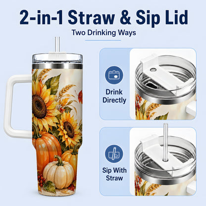 #pl[40oz|White] Autumn Sunflower Tumbler, 40oz Tumbler with Pumpkin Fall Artwork