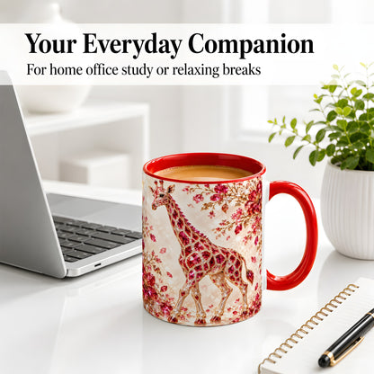 #pl[11oz|Red] Red Giraffe Floral Ceramic Mug, Faceted Artwork for Giraffe Fans