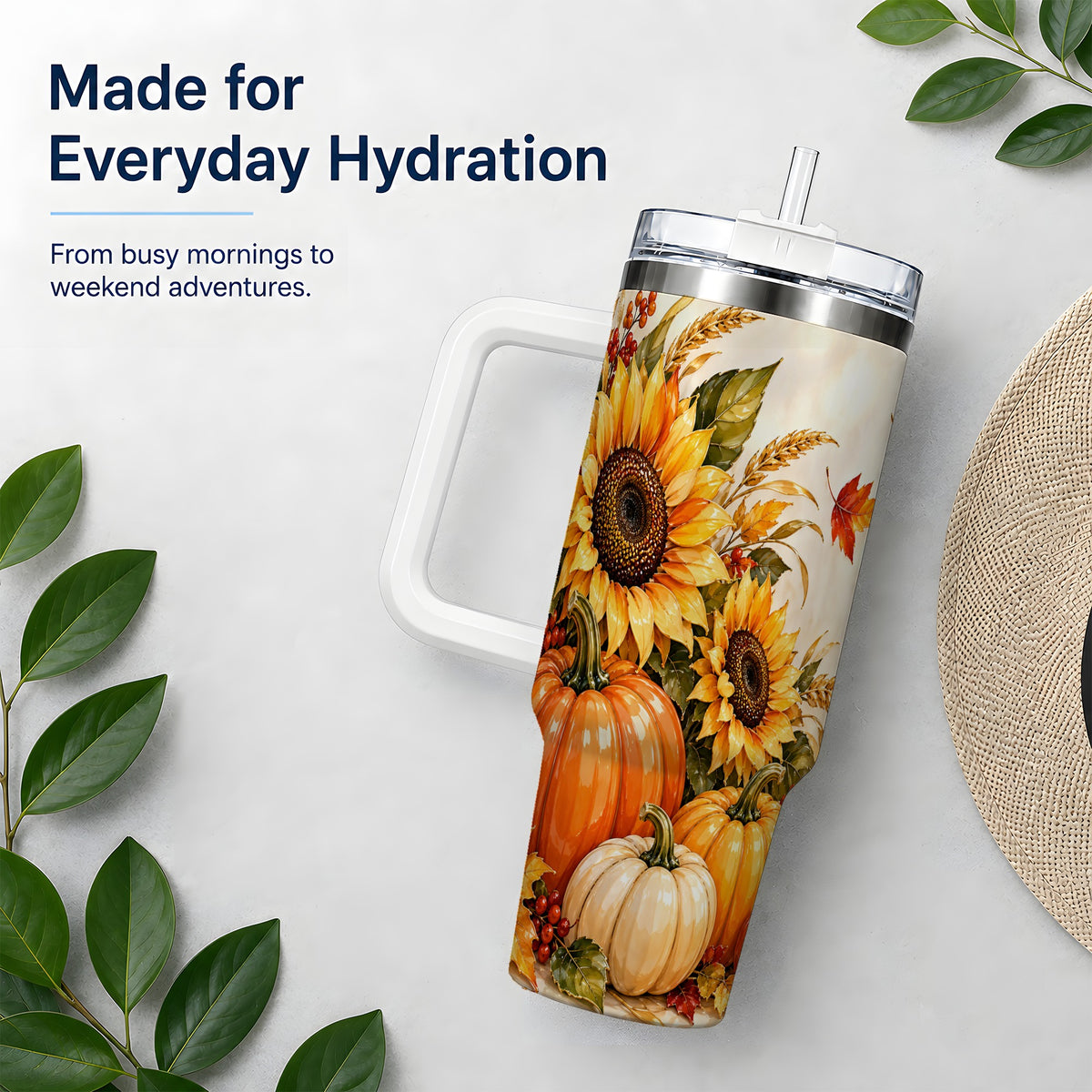 Autumn Sunflower Tumbler, 40oz Tumbler with Pumpkin Fall Artwork
