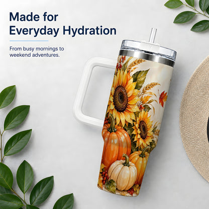 Autumn Sunflower Tumbler, 40oz Tumbler with Pumpkin Fall Artwork