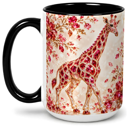 #pl[15oz|Black] Red Giraffe Floral Ceramic Mug, Faceted Artwork for Giraffe Fans