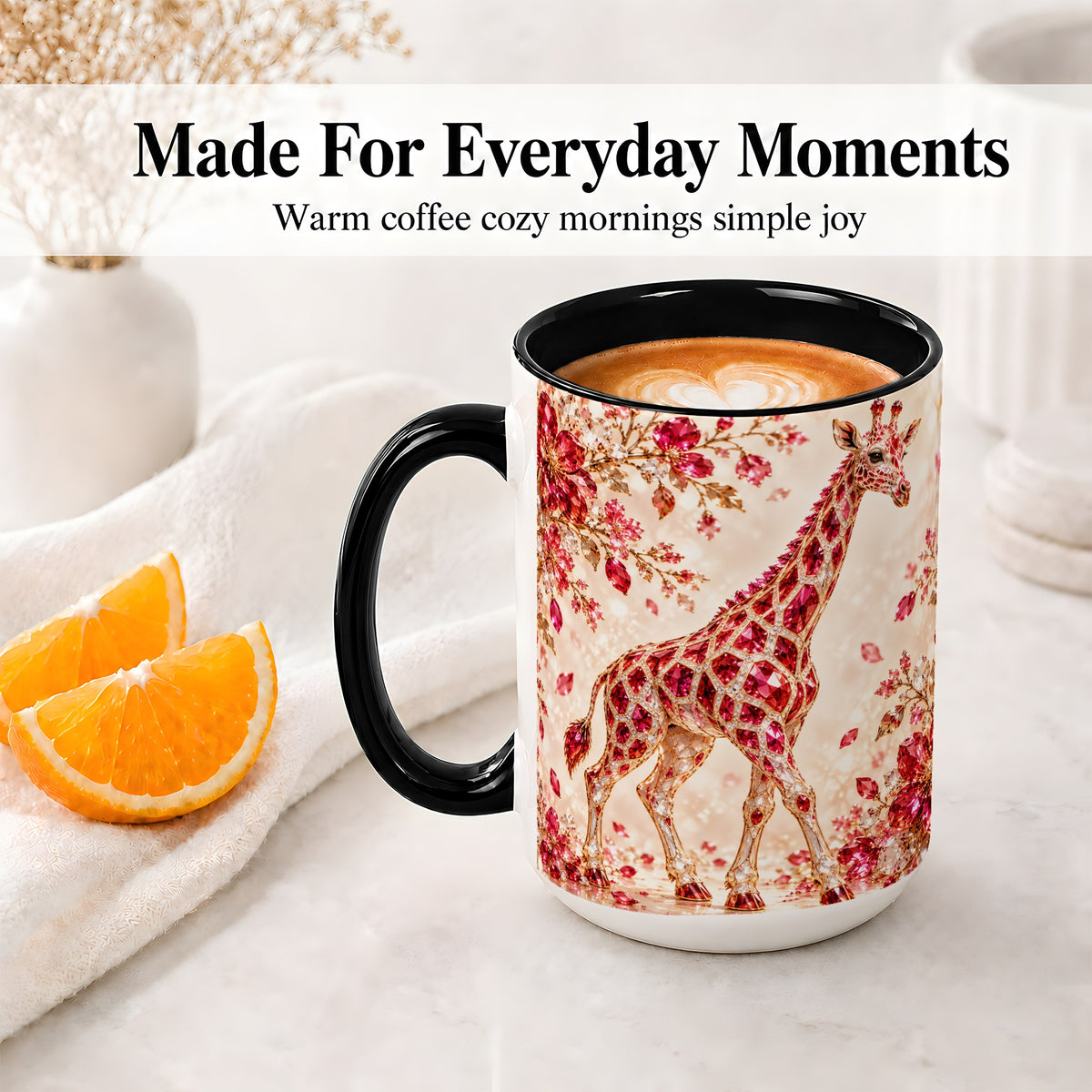 #pl[15oz|Black] Red Giraffe Floral Ceramic Mug, Faceted Artwork for Giraffe Fans