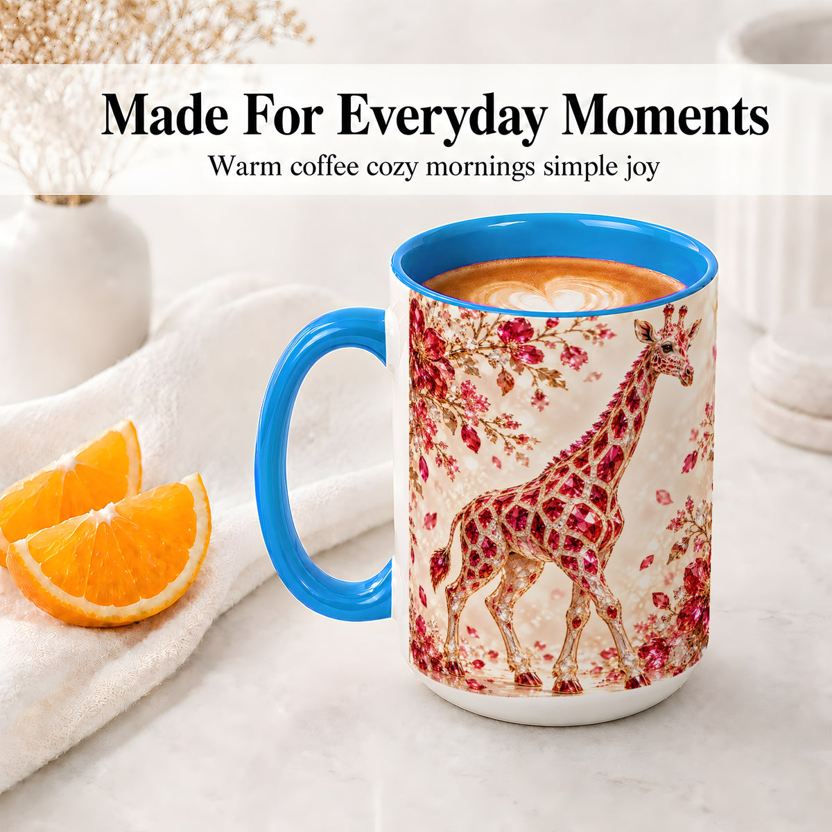 #pl[15oz|Blue] Red Giraffe Floral Ceramic Mug, Faceted Artwork for Giraffe Fans