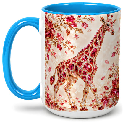 #pl[15oz|Blue] Red Giraffe Floral Ceramic Mug, Faceted Artwork for Giraffe Fans