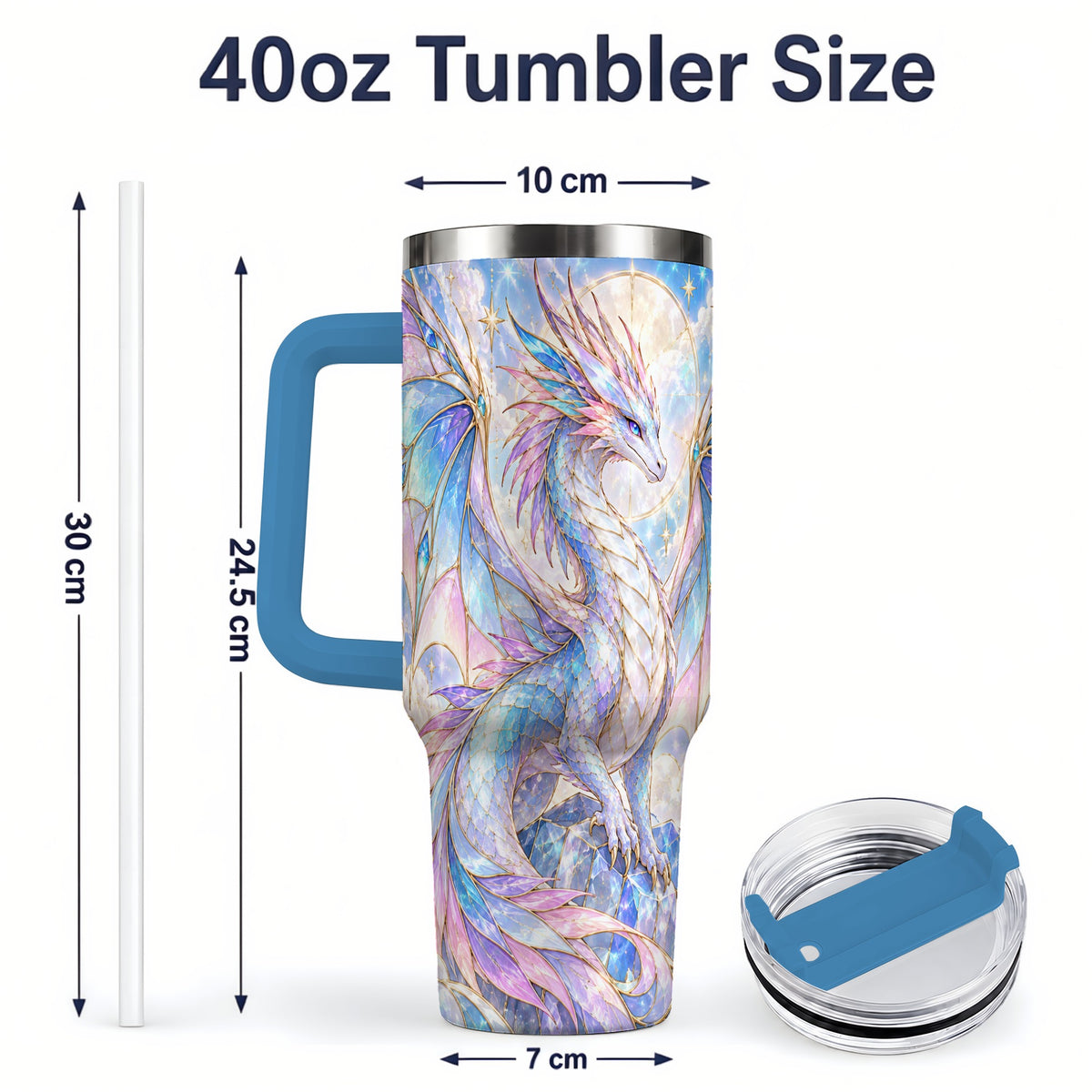 #pl[40oz|Blue] Crystal Dragon Tumbler, 40oz Tumbler with Pastel Fantasy Artwork