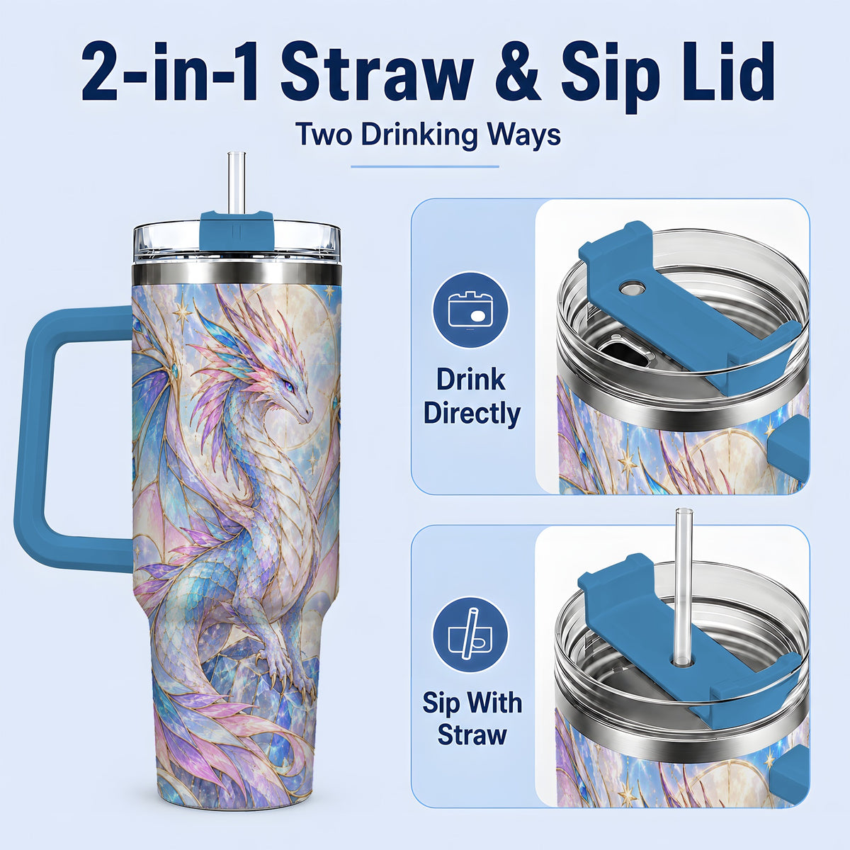 #pl[40oz|Blue] Crystal Dragon Tumbler, 40oz Tumbler with Pastel Fantasy Artwork