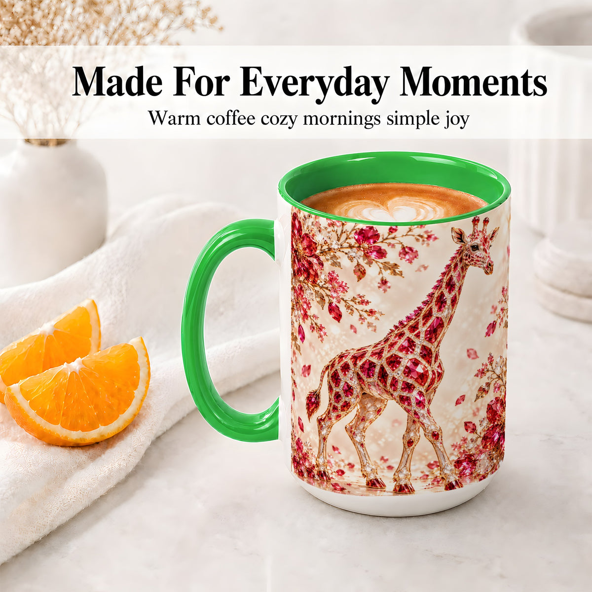 #pl[15oz|Green] Red Giraffe Floral Ceramic Mug, Faceted Artwork for Giraffe Fans