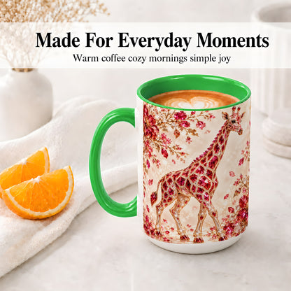 #pl[15oz|Green] Red Giraffe Floral Ceramic Mug, Faceted Artwork for Giraffe Fans