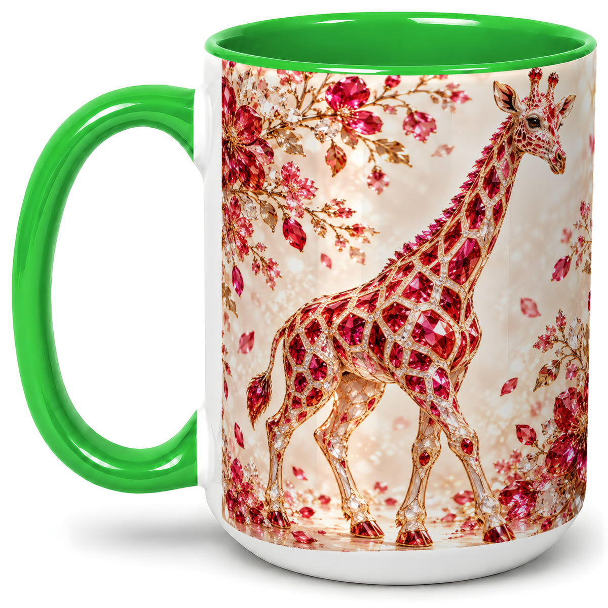 #pl[15oz|Green] Red Giraffe Floral Ceramic Mug, Faceted Artwork for Giraffe Fans