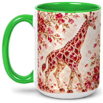 #pl[15oz|Green] Red Giraffe Floral Ceramic Mug, Faceted Artwork for Giraffe Fans
