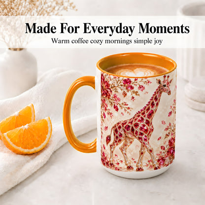 #pl[15oz|Orange] Red Giraffe Floral Ceramic Mug, Faceted Artwork for Giraffe Fans