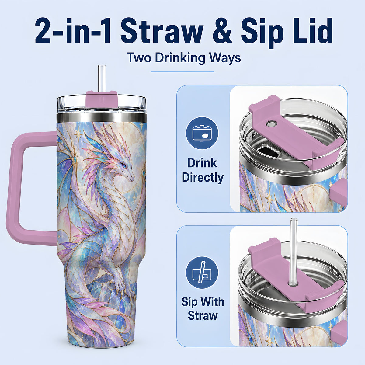 #pl[40oz|Pink] Crystal Dragon Tumbler, 40oz Tumbler with Pastel Fantasy Artwork