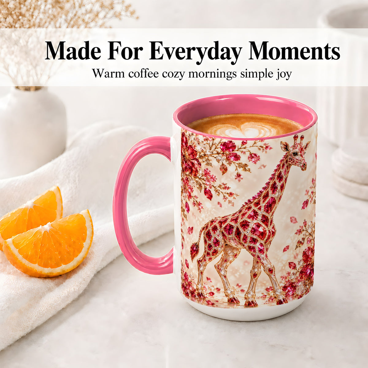 #pl[15oz|Pink] Red Giraffe Floral Ceramic Mug, Faceted Artwork for Giraffe Fans