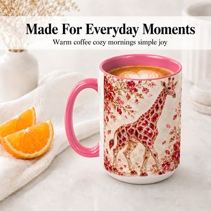 #pl[15oz|Pink] Red Giraffe Floral Ceramic Mug, Faceted Artwork for Giraffe Fans