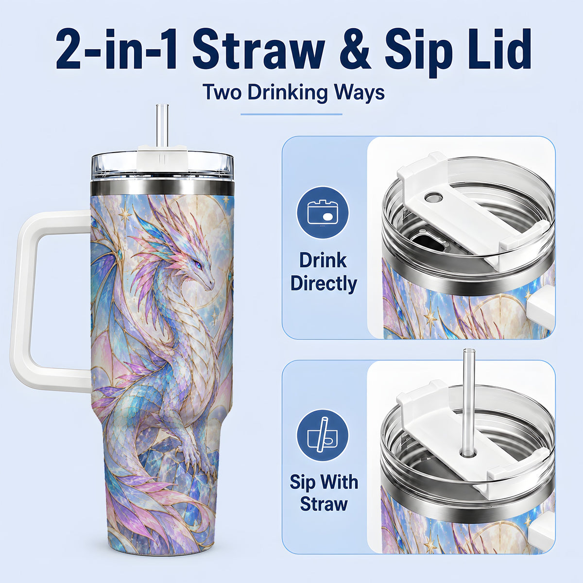 #pl[40oz|White] Crystal Dragon Tumbler, 40oz Tumbler with Pastel Fantasy Artwork