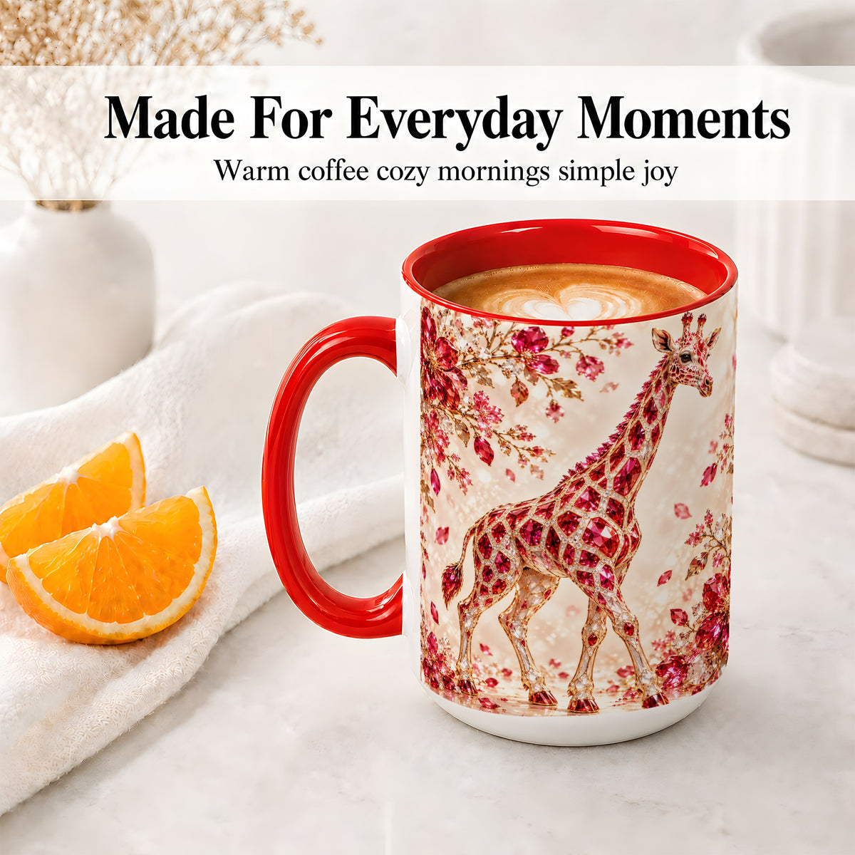 #pl[15oz|Red] Red Giraffe Floral Ceramic Mug, Faceted Artwork for Giraffe Fans