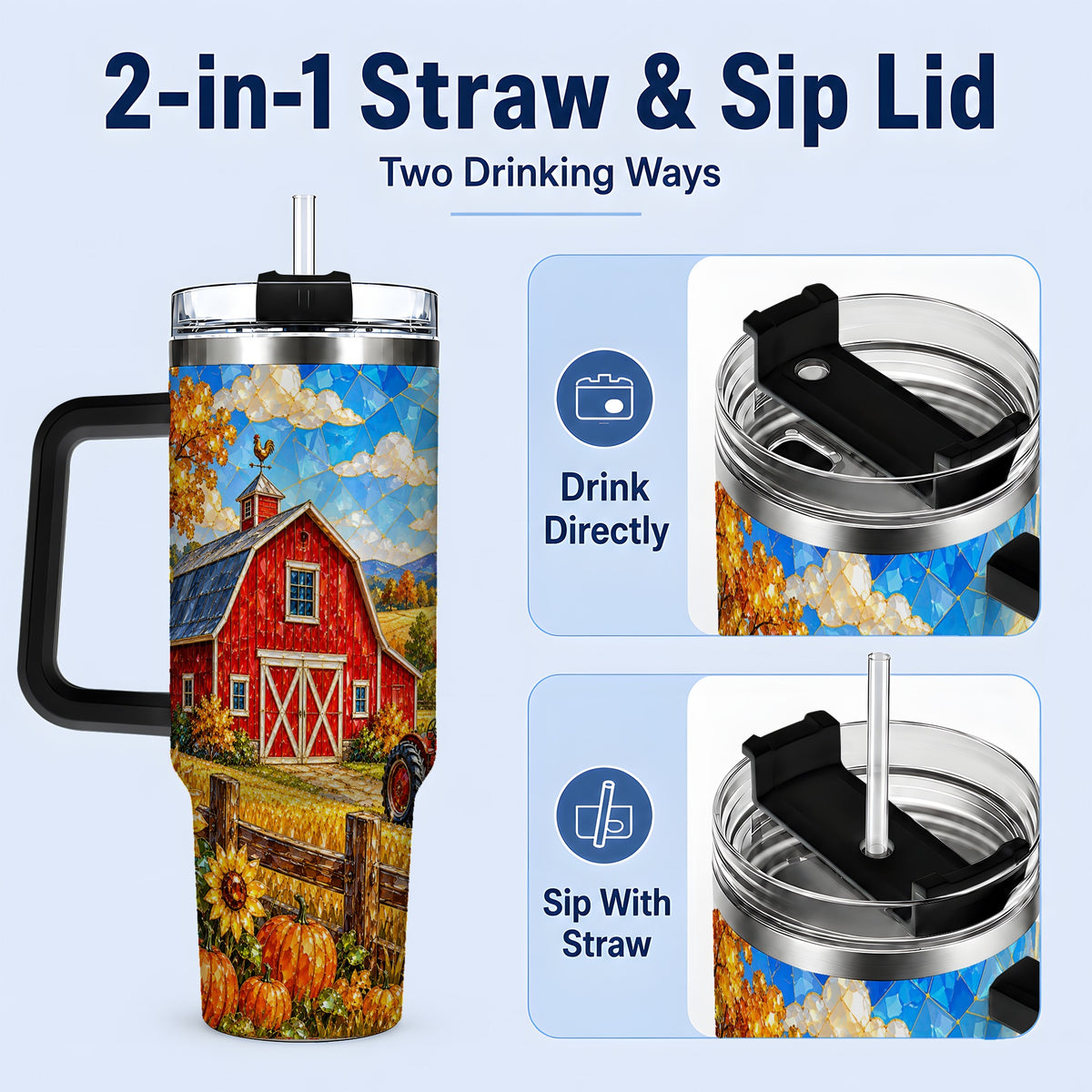 #pl[40oz|Black] Harvest Barn Tumbler, 40oz Tumbler with Autumn Farm Artwork