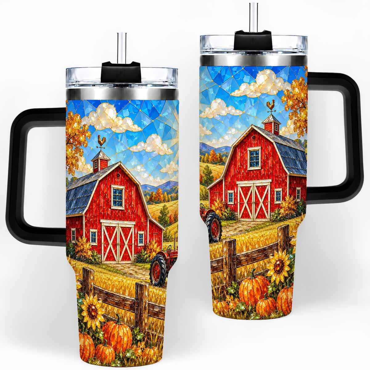 #pl[40oz|Black] Harvest Barn Tumbler, 40oz Tumbler with Autumn Farm Artwork