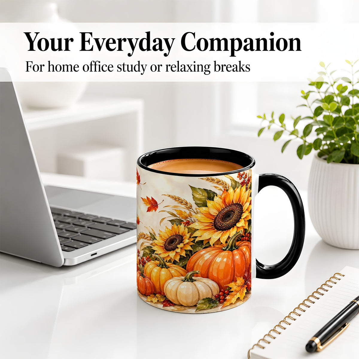 #pl[11oz|Black] Autumn Pumpkin Accent Mug, Mug with Sunflower Fall Artwork