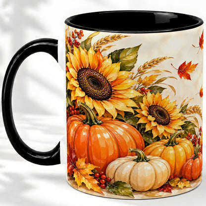 #pl[11oz|Black] Autumn Pumpkin Accent Mug, Mug with Sunflower Fall Artwork