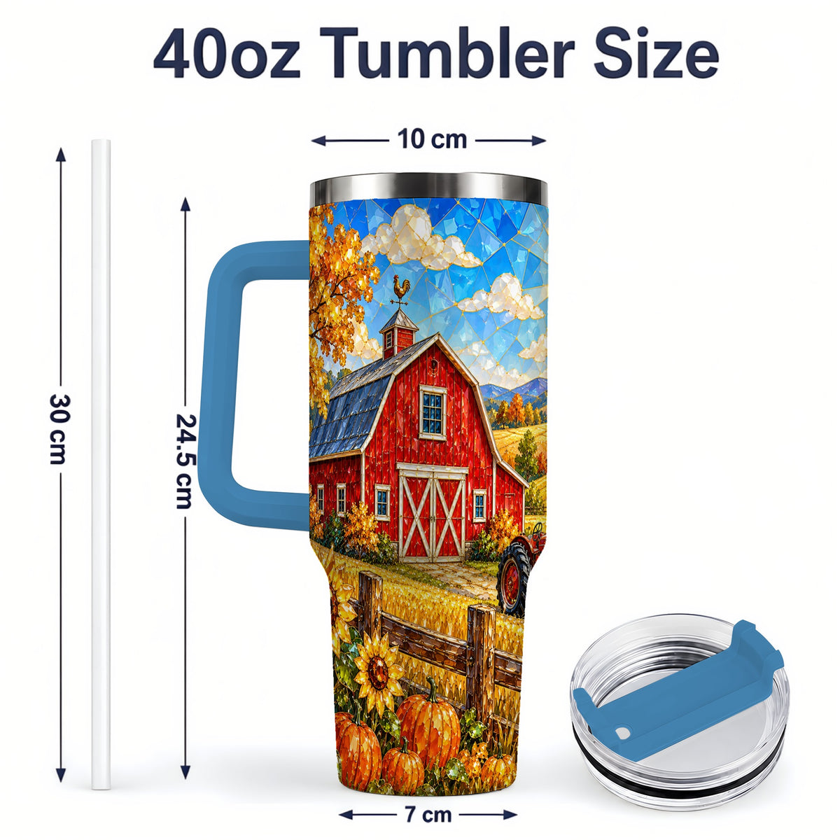 #pl[40oz|Blue] Harvest Barn Tumbler, 40oz Tumbler with Autumn Farm Artwork
