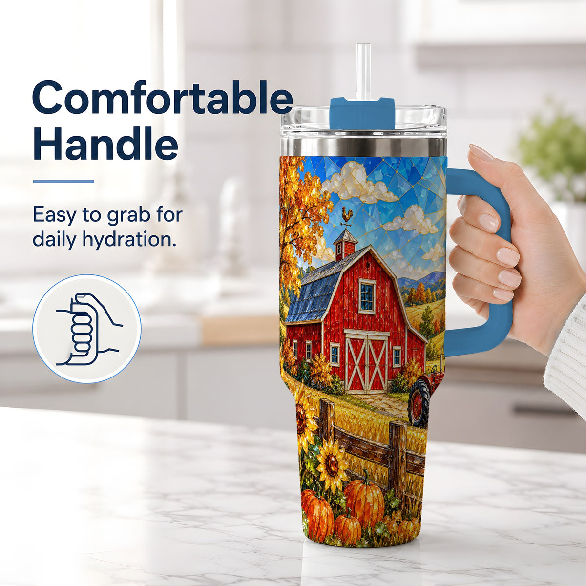 #pl[40oz|Blue] Harvest Barn Tumbler, 40oz Tumbler with Autumn Farm Artwork