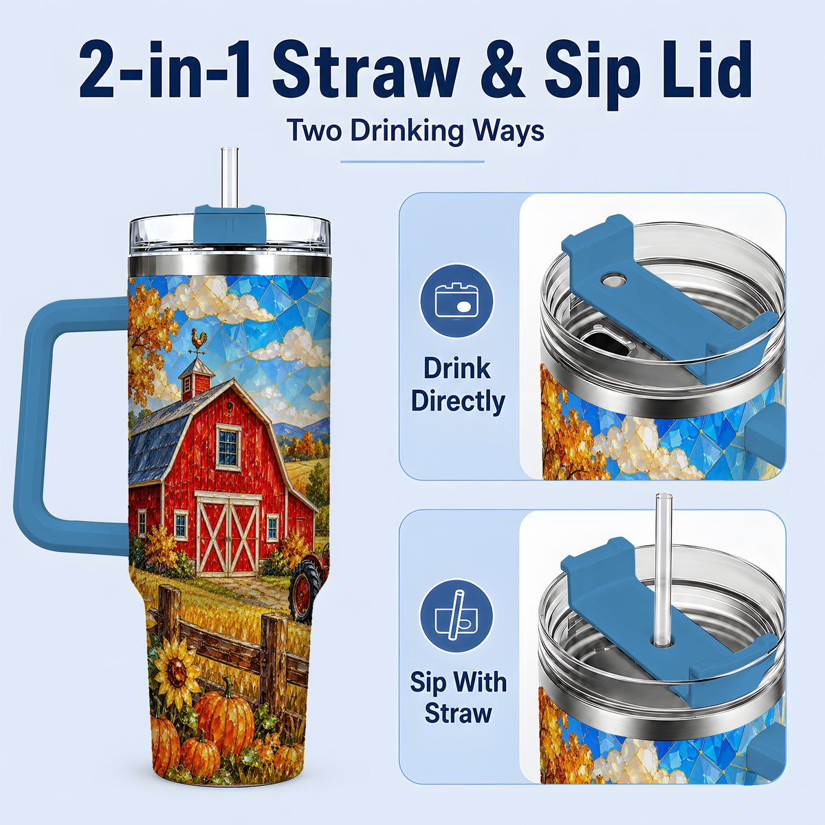 #pl[40oz|Blue] Harvest Barn Tumbler, 40oz Tumbler with Autumn Farm Artwork