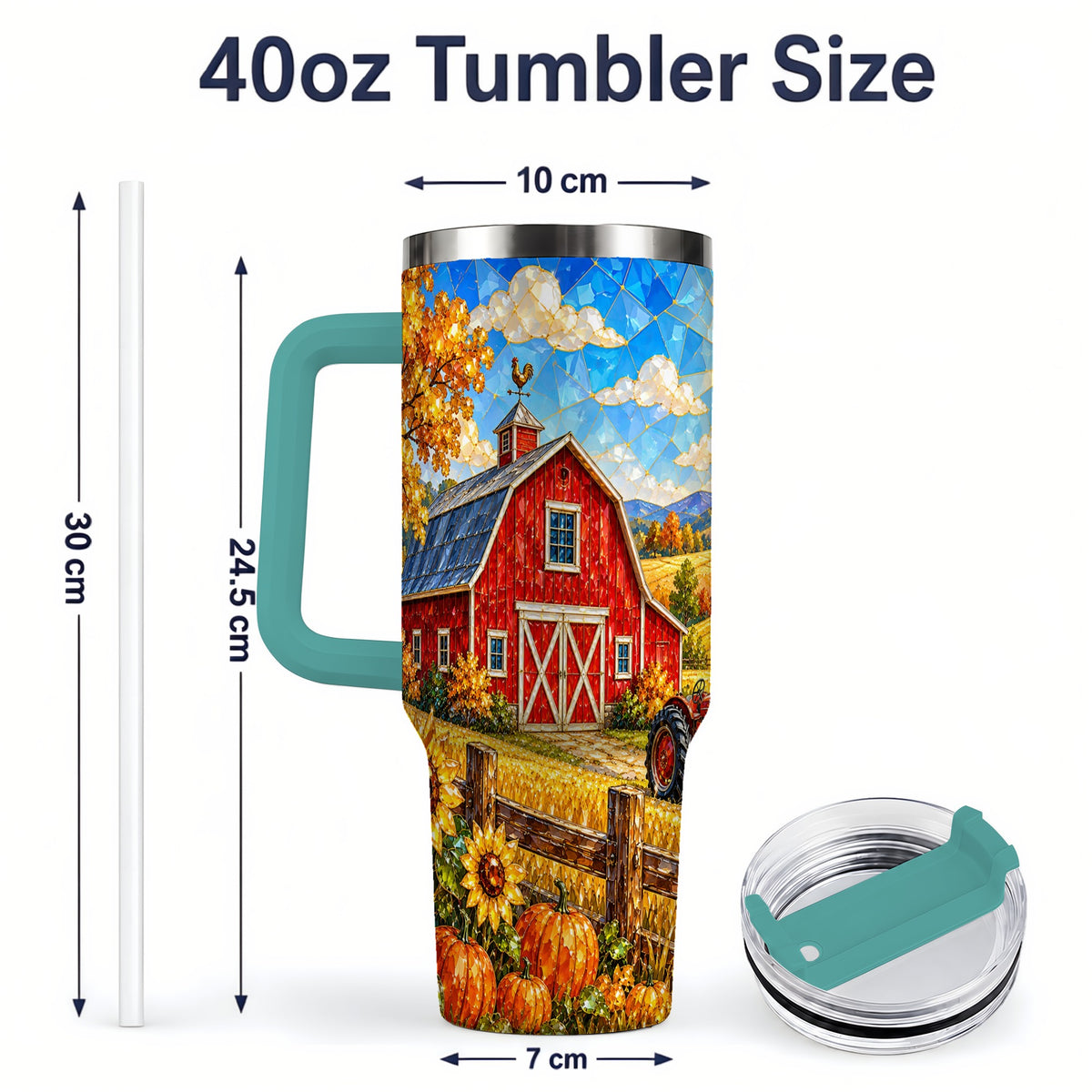 #pl[40oz|Green] Harvest Barn Tumbler, 40oz Tumbler with Autumn Farm Artwork