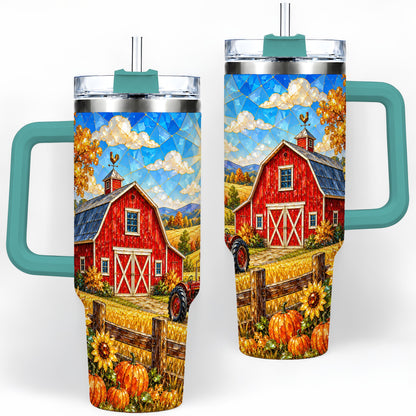 #pl[40oz|Green] Harvest Barn Tumbler, 40oz Tumbler with Autumn Farm Artwork
