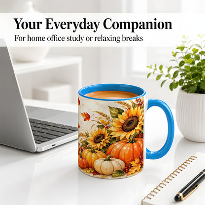 #pl[11oz|Blue] Autumn Pumpkin Accent Mug, Mug with Sunflower Fall Artwork
