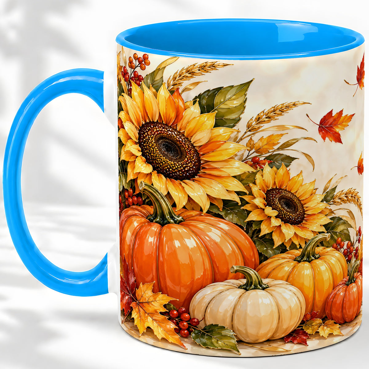 #pl[11oz|Blue] Autumn Pumpkin Accent Mug, Mug with Sunflower Fall Artwork