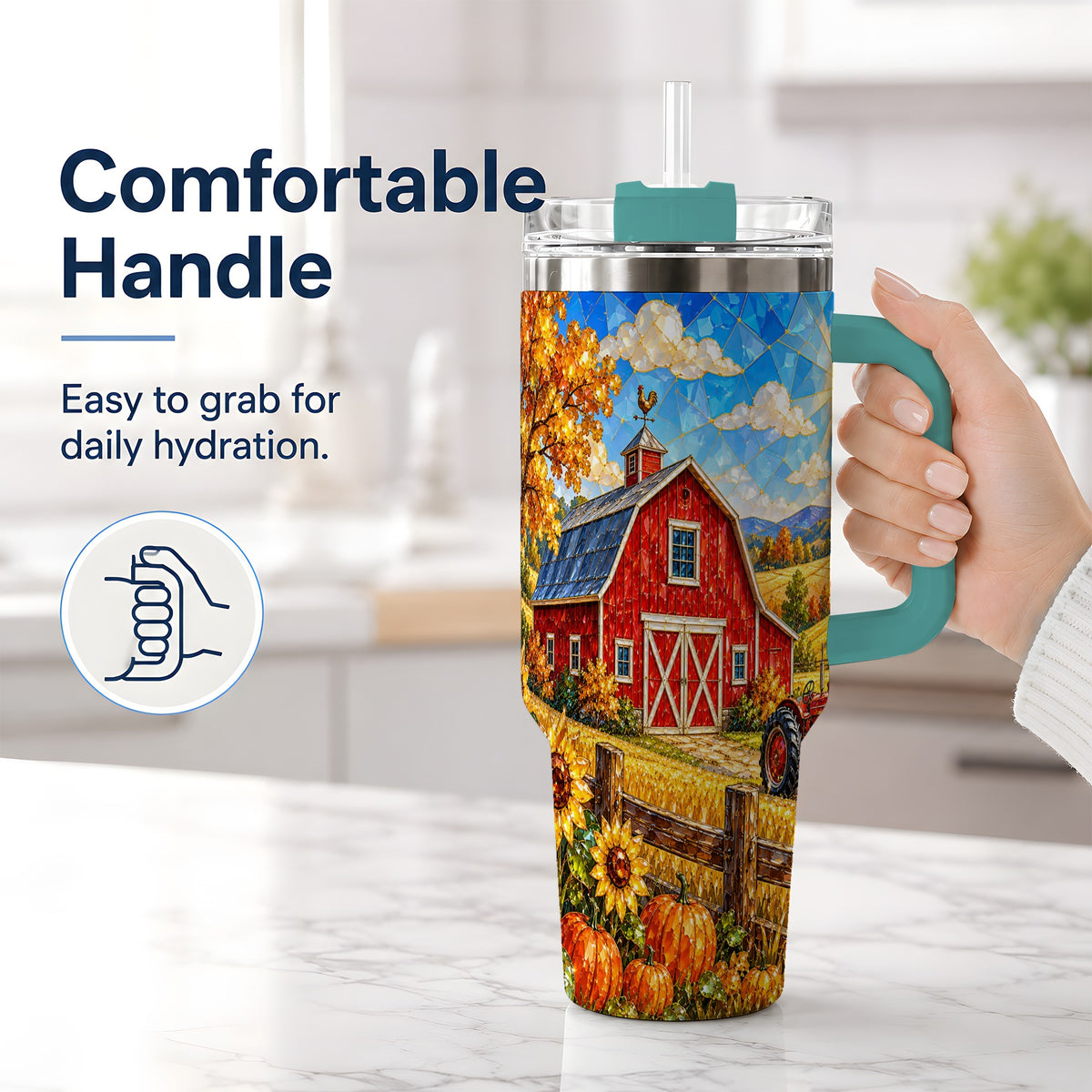 #pl[40oz|Green] Harvest Barn Tumbler, 40oz Tumbler with Autumn Farm Artwork