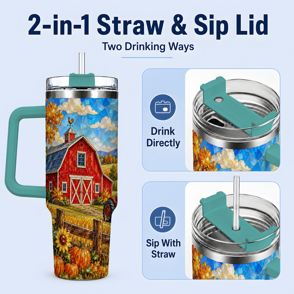 #pl[40oz|Green] Harvest Barn Tumbler, 40oz Tumbler with Autumn Farm Artwork