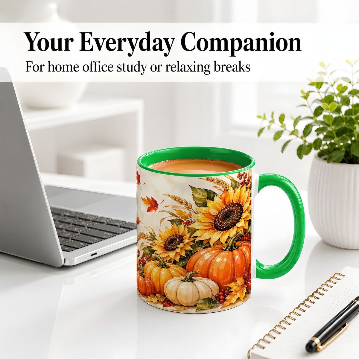 #pl[11oz|Green] Autumn Pumpkin Accent Mug, Mug with Sunflower Fall Artwork
