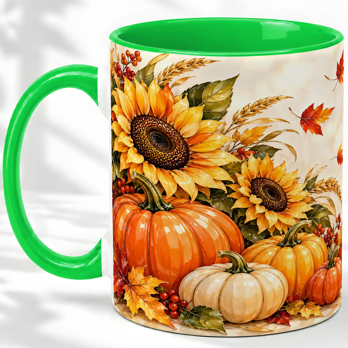 #pl[11oz|Green] Autumn Pumpkin Accent Mug, Mug with Sunflower Fall Artwork