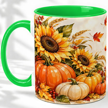 #pl[11oz|Green] Autumn Pumpkin Accent Mug, Mug with Sunflower Fall Artwork