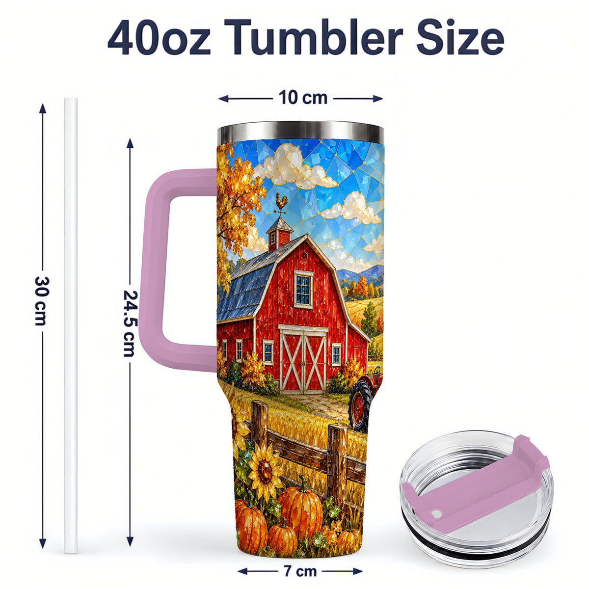#pl[40oz|Pink] Harvest Barn Tumbler, 40oz Tumbler with Autumn Farm Artwork