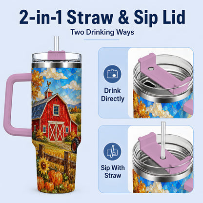 #pl[40oz|Pink] Harvest Barn Tumbler, 40oz Tumbler with Autumn Farm Artwork