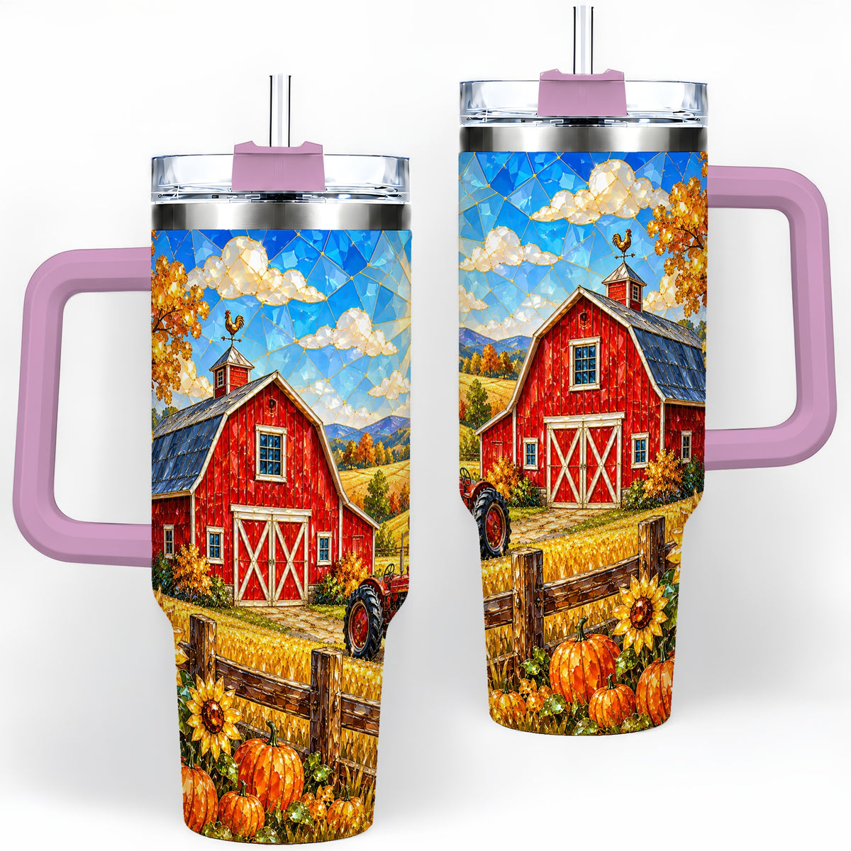 #pl[40oz|Pink] Harvest Barn Tumbler, 40oz Tumbler with Autumn Farm Artwork