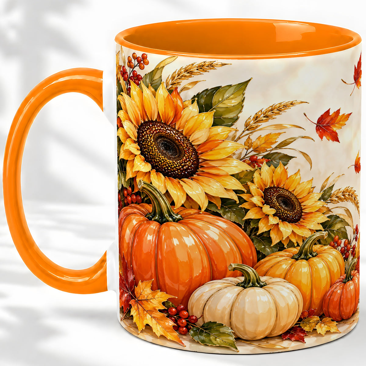 #pl[11oz|Orange] Autumn Pumpkin Accent Mug, Mug with Sunflower Fall Artwork