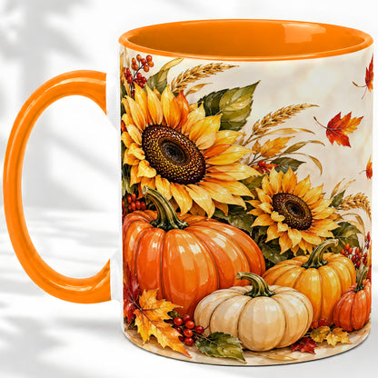 #pl[11oz|Orange] Autumn Pumpkin Accent Mug, Mug with Sunflower Fall Artwork